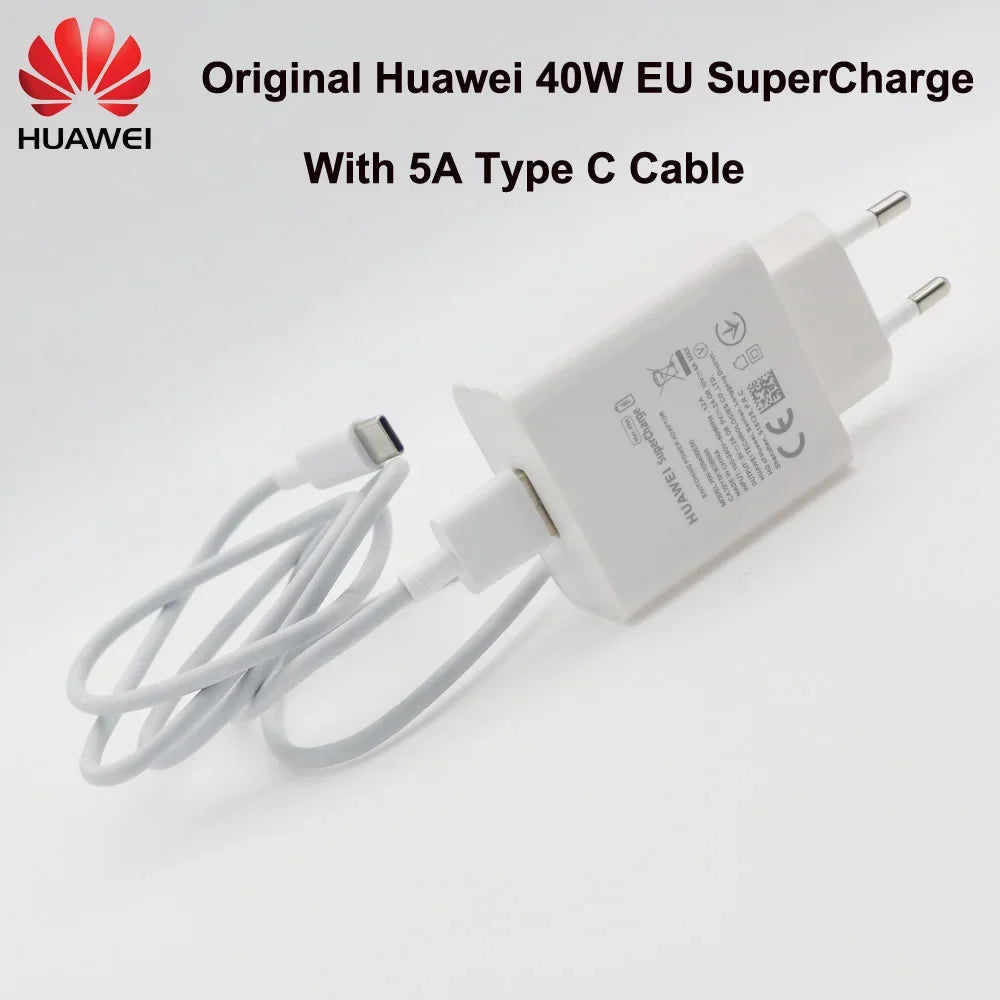 Huawei Original 10V4A Supercharge Charger 40W EU Charge Adapter 5A USB Type C Cable for Nova 5 5t 5 Pro Mate 30 Pro P20 P30 Pro