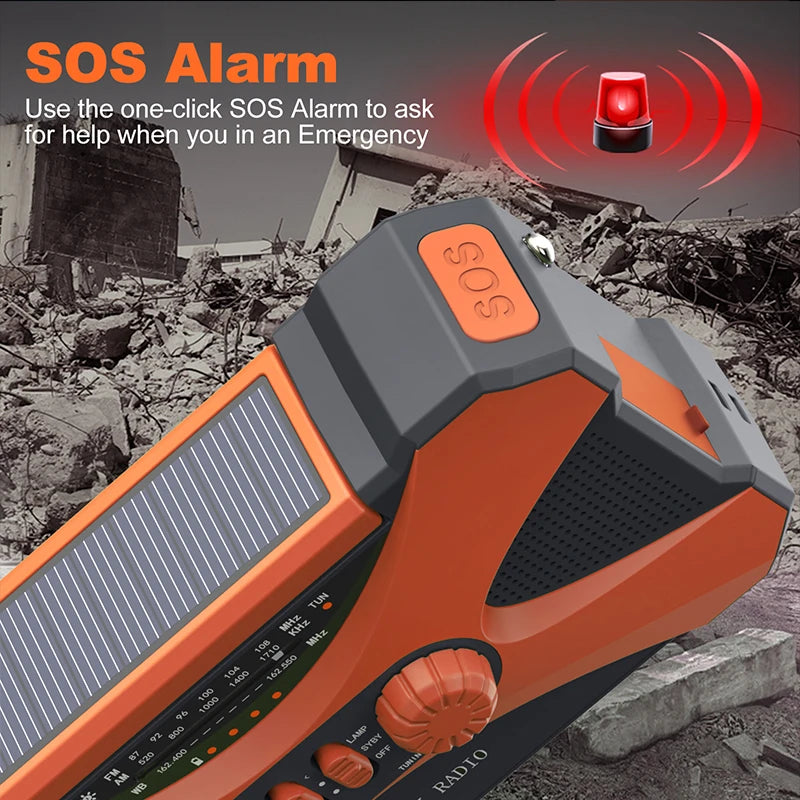 Emergency Flashlight Torch 10000mAh Power Bank Multifunctional Radio Hand Crank Solar USB Charging FM AM WB NOAA Weather Radio