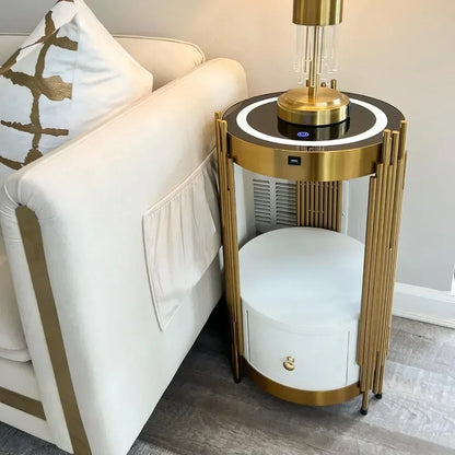 Gold Led Smart Round Nightstand with Drawer,Sofa Narrow End Table