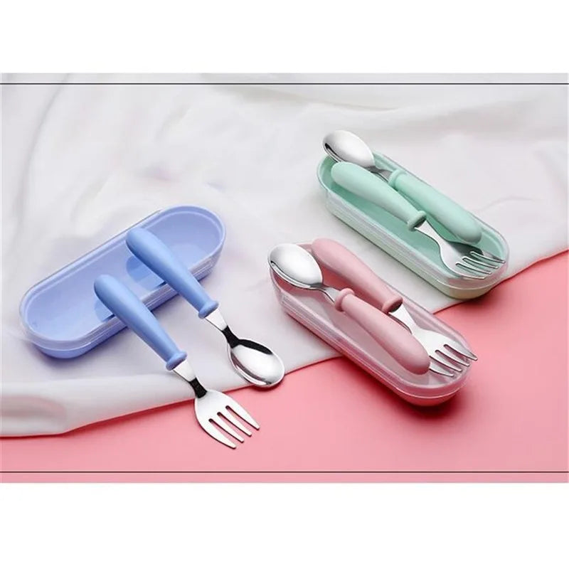 3pcs Children Spoon Forks Box Kids Stainless Steel Kids Cutlery Portable Baby Feeding Utensils Baby Spoons Baby Tableware Set