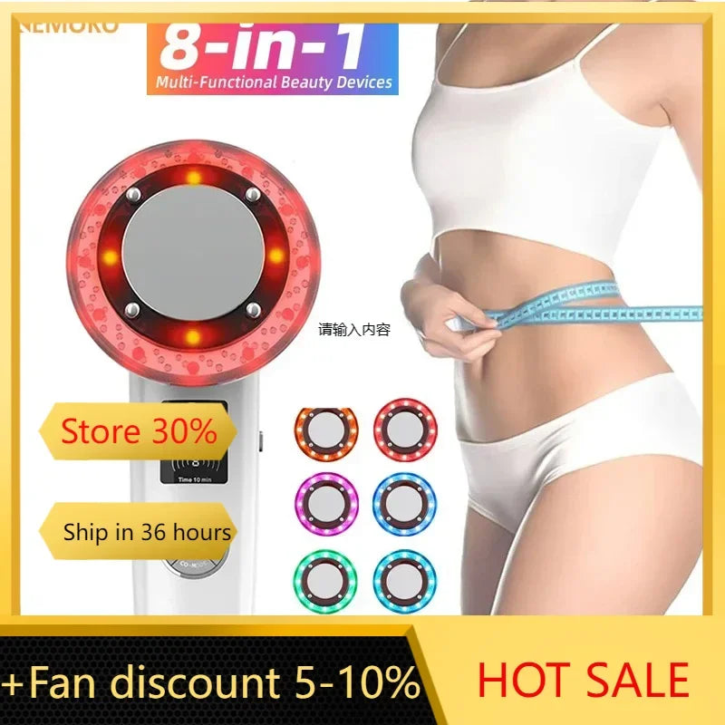 8 In 1 Ultrasound Cavitation Body Slimming Massager Weight Loss Anti-Cellulite Galvanic Infrared EMS LED Light Fat Burner Device