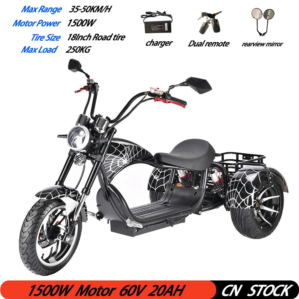 18Inch Fat Tire Electric Motorcycle Max Speed 40KM/H 1500W Powerful Motor Max Load 250KG Adult Citycoco Electric 3 Wheel Scooter