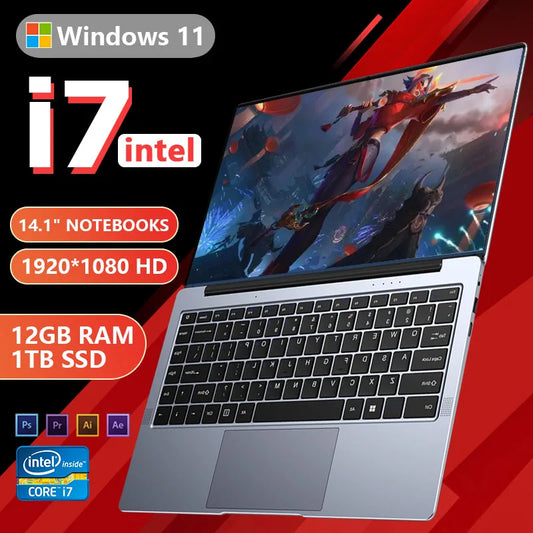 2024 New Intel Core i7 Laptop 14.1" 1920*1080 HD Screen Laptop 12GB RAM 1TB 2TB SSD Windows 11 Business Office Design Gamebook