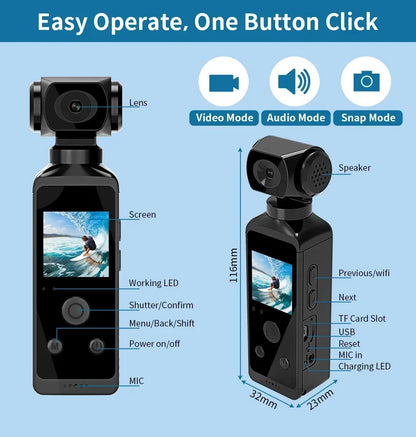 4K Ultra HD Pocket Action Camera 270° Rotatable Vlog Wifi Mini Sports Cam Waterproof Case Helmet Travel Bicycle Driver Recorder