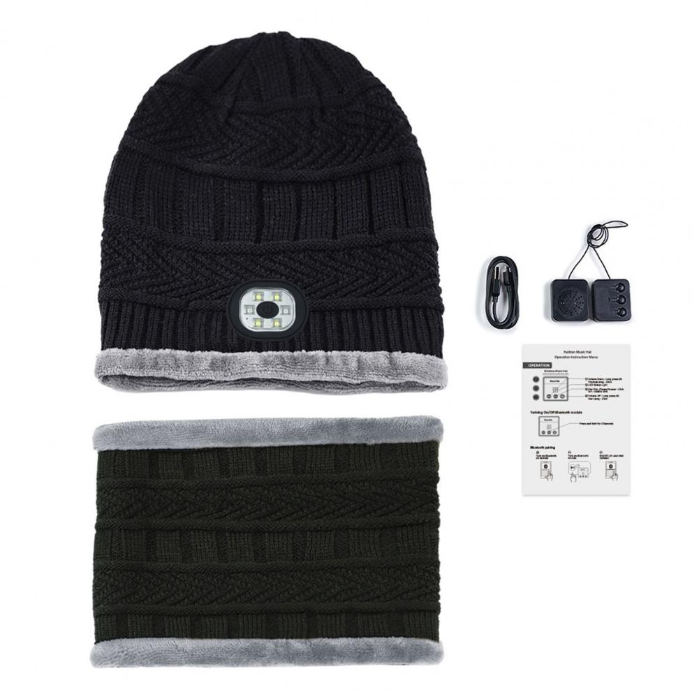 LED Headphone Hat Neck Warmer Set Winter Warm Cap Knitted Elastic Soft Fabric Rechargeable High Brightness Illumination Waterpro