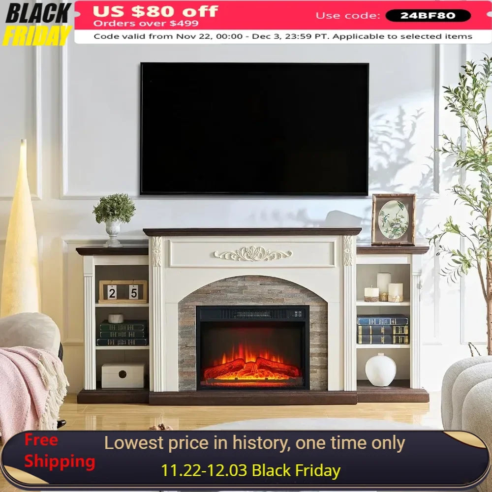 72" Fireplace, TV Stand for TVs Up To 80 Inch, 23'' Fireplace Insert Heater W/ LED Flame, Fireplaces