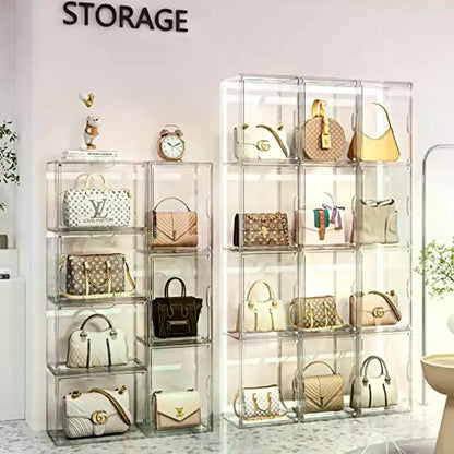 3 Pack Clear Acrylic Handbag Storage Organizer Case with Magnetic Door Stackable Dustproof Easy Assembly Closet Purse Display