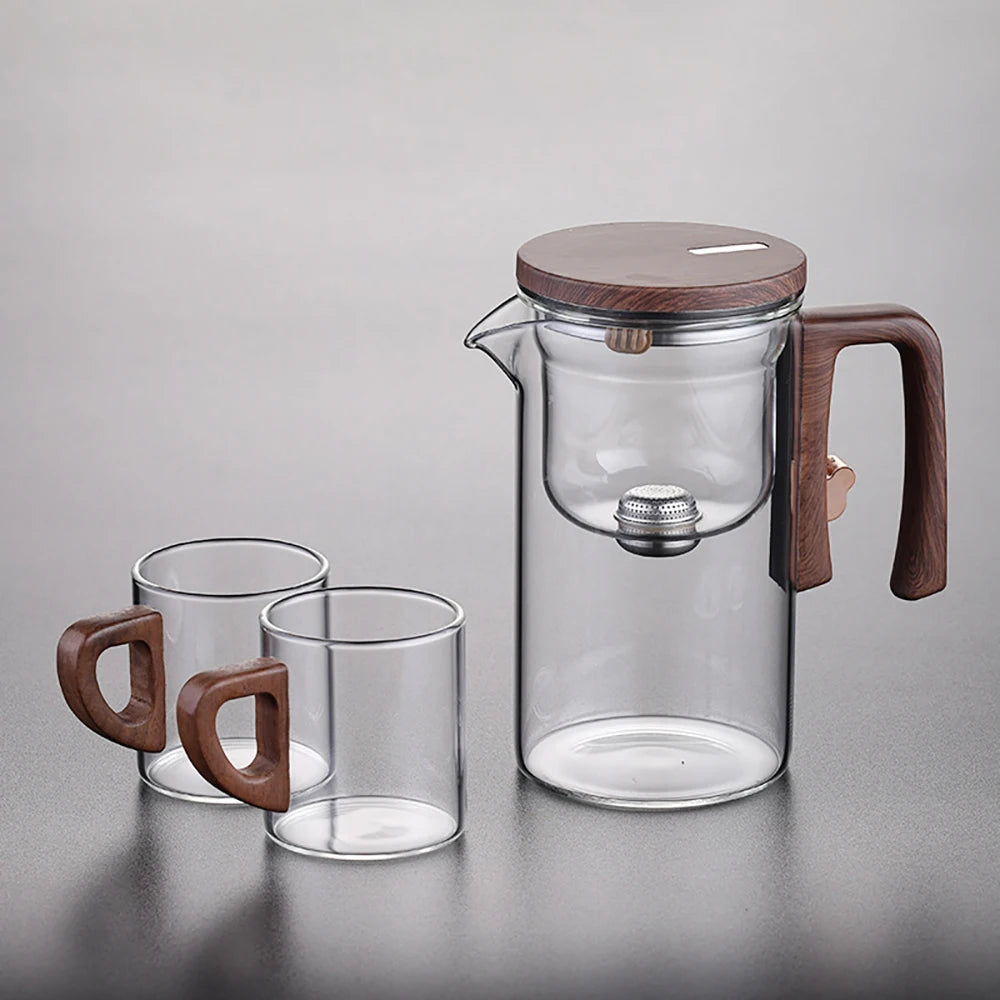 520ML/720ML Glass Teapot Water Separation Inner Container One Click Magnetic Switch Tea Filtration Tea Pot Wood Handle Cup Set