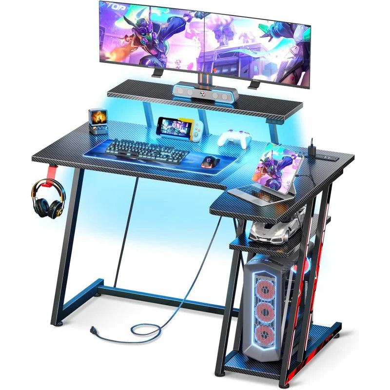 L Shaped Gaming Computer Desk with Storage Rack,Gaming Table with Monitor Stand,PC Gaming table,with Carbon Fiber Texture,Black