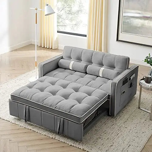 3 in 1 Sleeper Sofa Couch Bed Small Tufted Velvet Convertible Loveseat Futon Sofa w/Pullout Bed Adjustable Backrest Cylinder