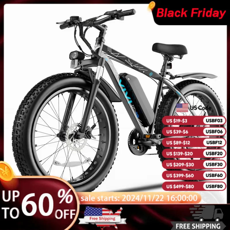 Qvivi f26ful peak 1000W 26 "x 4.0 fat tire electric bike with 48V 13ah removable battery, 7speed, top 26mph, CR