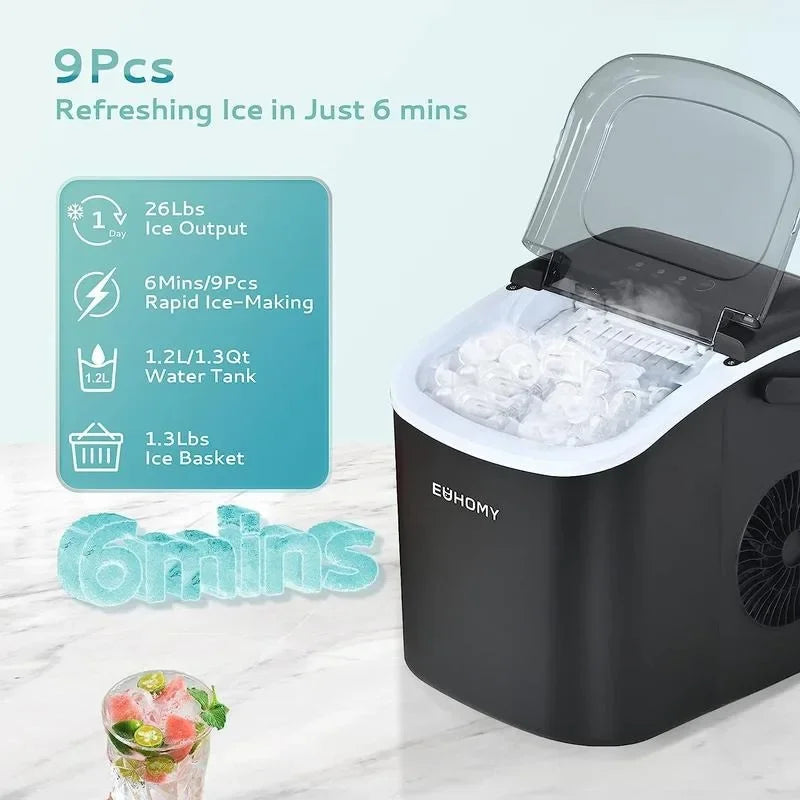 EUHOMY Ice Maker Countertop , 26lbs in 24Hrs, 9 Ice Cubes Ready in 6 Mins, Auto-Cleaning Portable Ice Maker with Basket Scoop