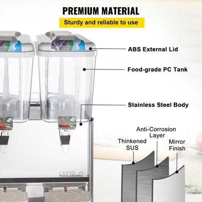 VEVOR Commercial Beverage Dispenser 18L 1/2/3 Tank Cold Beverage Dispenser Stainless Steel Juice Dispenser Thermostat Controller