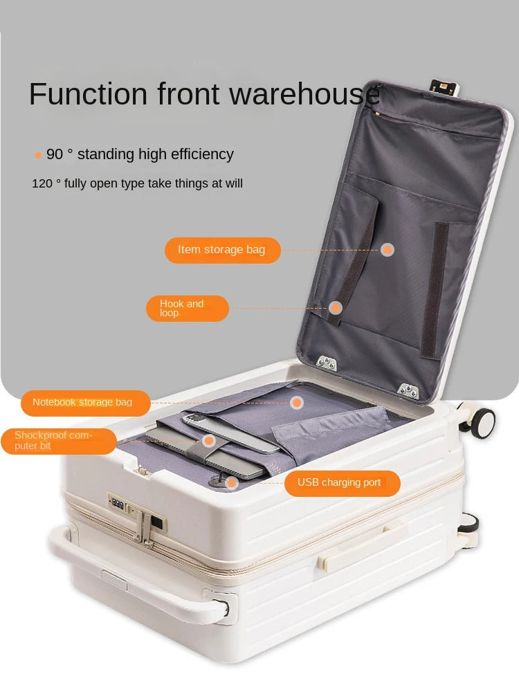 20"22"24"26 Inch Travel Suitcase Multifunctional Front Open Cover Trolley Case with Cup Holder Boarding Box Rolling Luggage