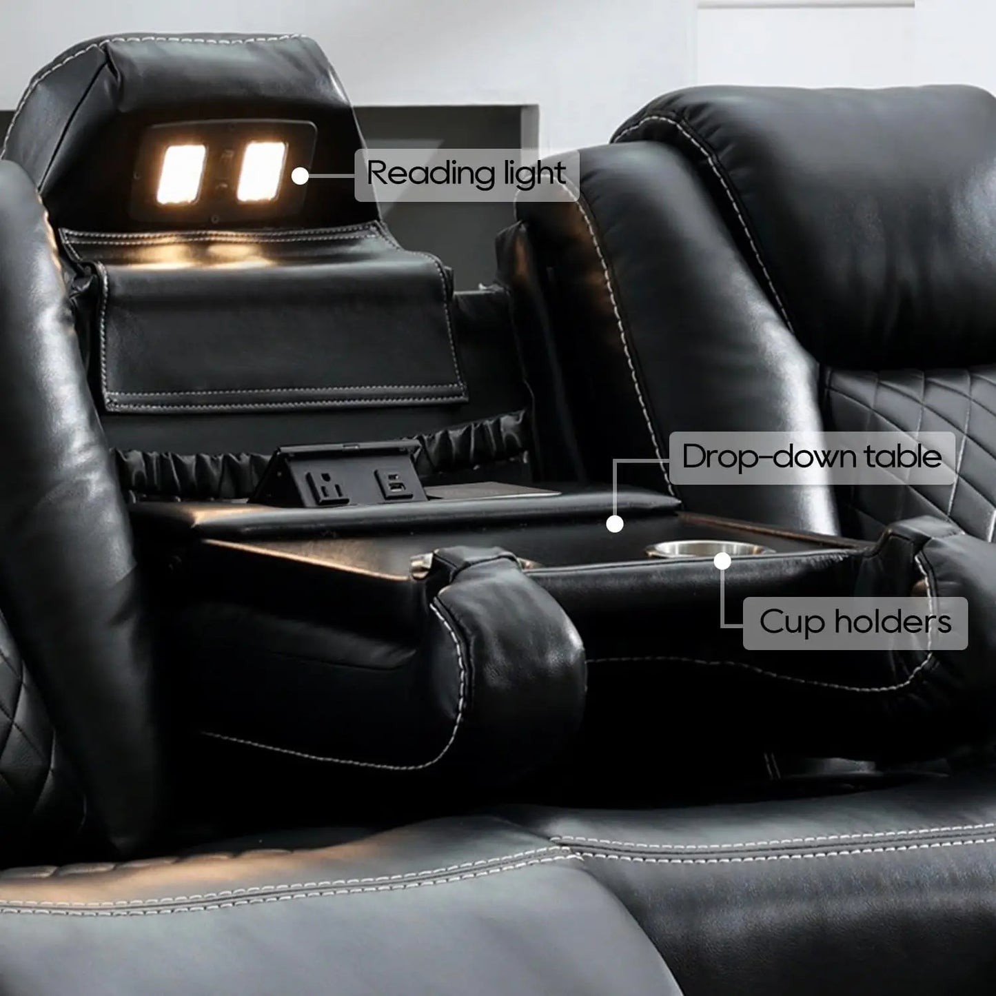 3 Seats Power Reclining Sofa with Wireless Charger,LED Floor Lights,Reading Light, Drop-down Table, USB/Type-C Port (Model:M070)