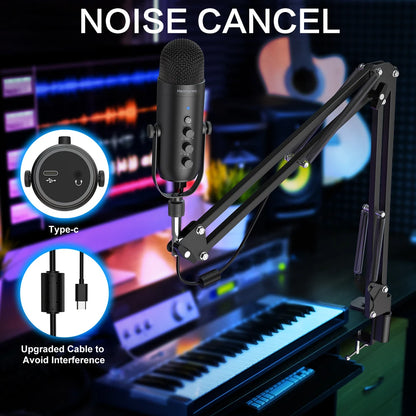 Professional USB Streaming Podcast PC Microphone Studio Cardioid Condenser Mic Kit with Boom Arm For Recording Twitch YouTube