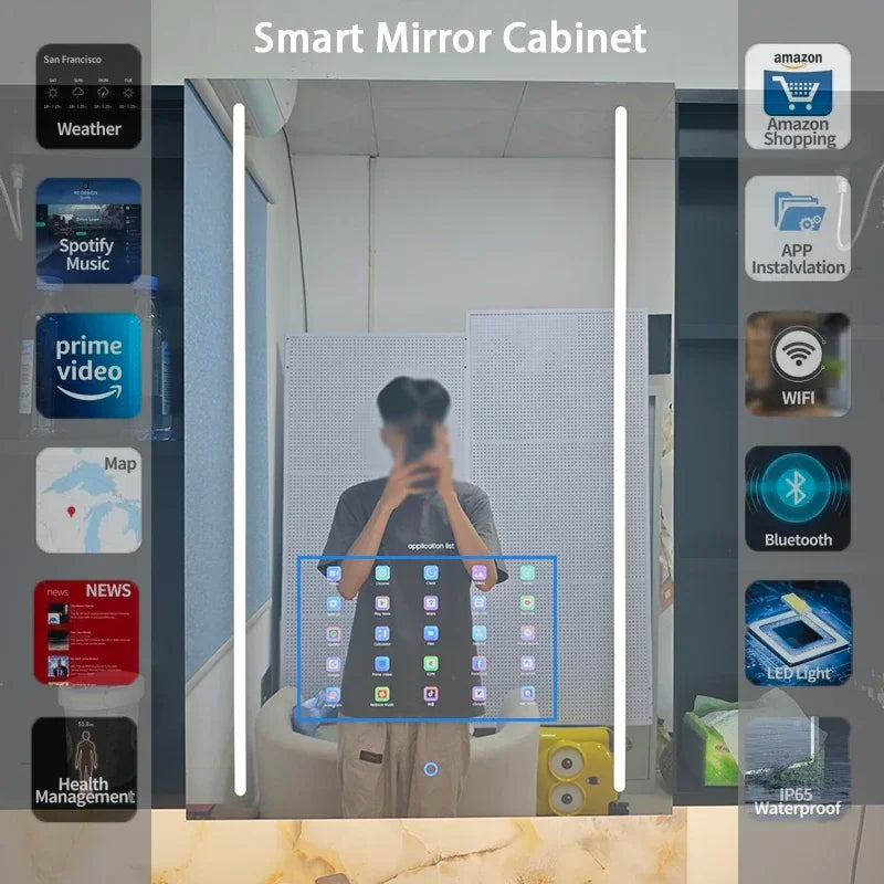 Cabinet With Smart TV Mirror, 3 Door Wall Mounted Cabinet Anti Fog Smart Led Medicine Storage Washroom Toilet Bathroom