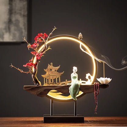 USB Light Ring Ornament LED Light Reflux Incense Burner Simulation Tree Ceramic Lotus Buddha Bead Home and Office Decoration