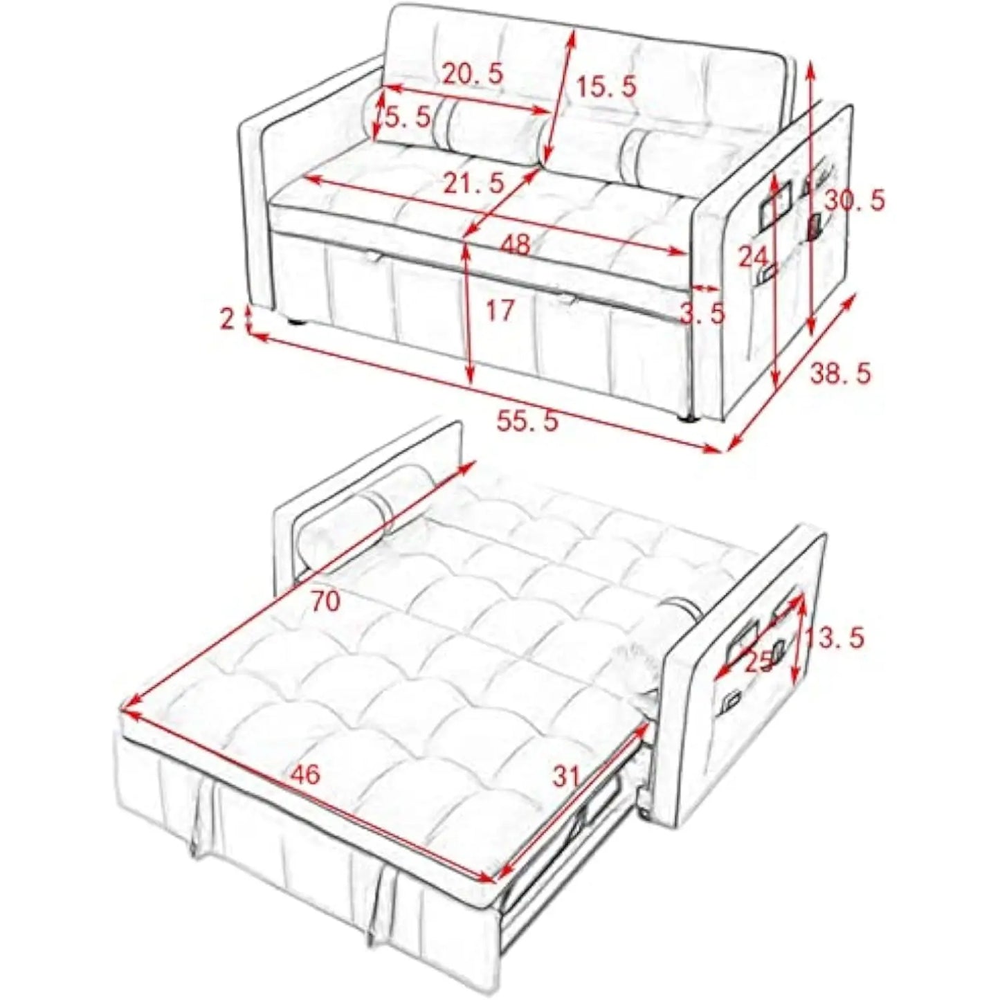 3 in 1 Sleeper Sofa Couch Bed Small Tufted Velvet Convertible Loveseat Futon Sofa w/Pullout Bed Adjustable Backrest Cylinder