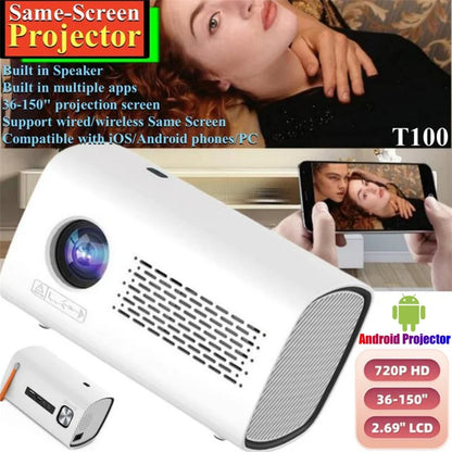 T100 Android System Projector 720P Wireless Phone Same-Screen MINI Projector Home Theater Player for iOS/Android/PC Projection