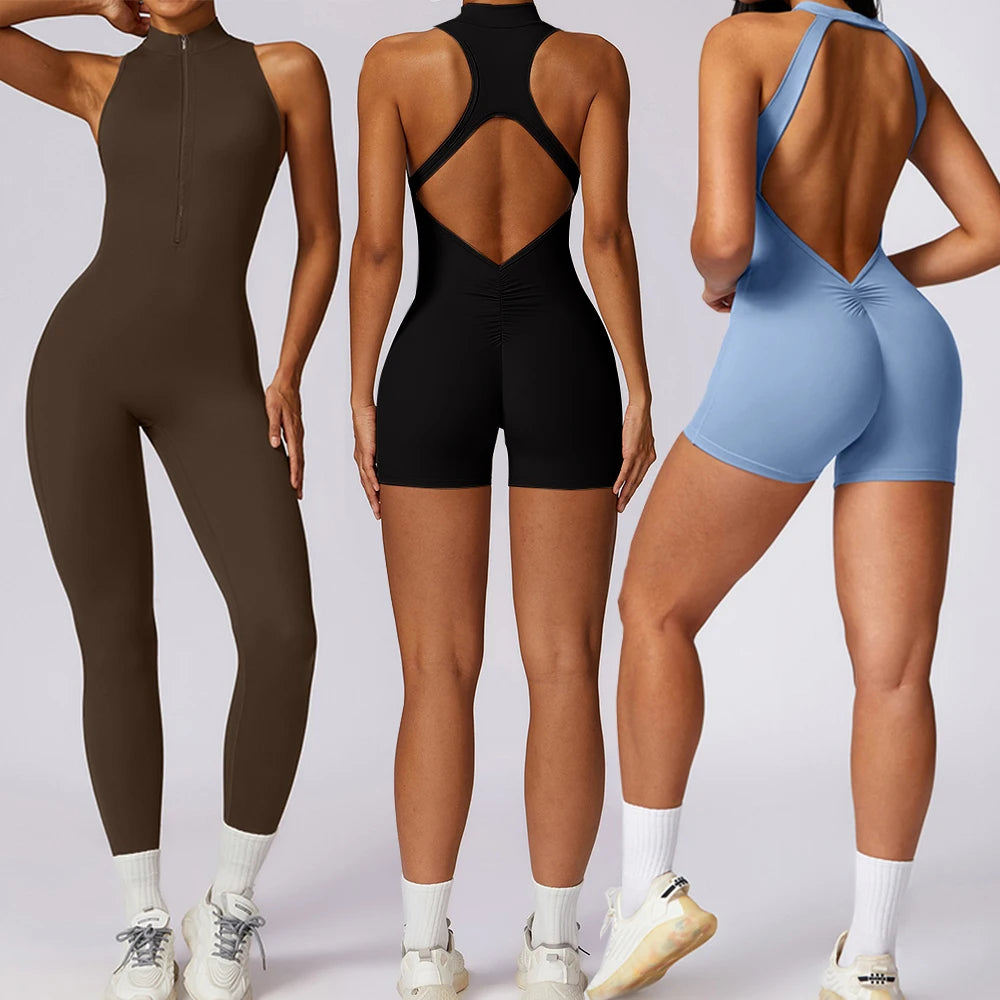 Backless Jumpsuits Zipper Sports Bodysuits Women Yoga Sets Sportswear Fitness Overalls One Piece Suit Workout Playsuit Female