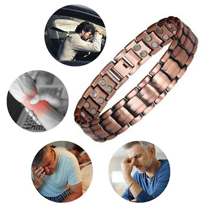 Vintage Pure Copper Magnetic Pain Relief Bracelet For Men Therapy Double Row Magnets Link Chain Stainless Steel Men Jewelry