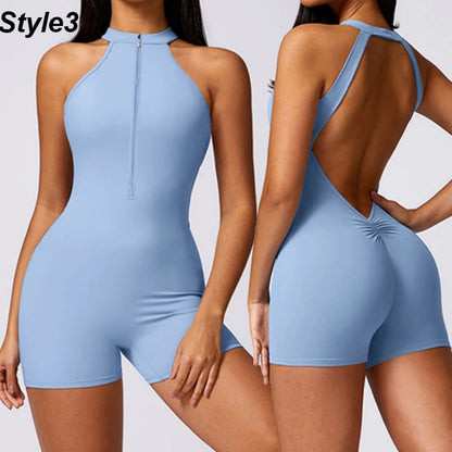 Backless Jumpsuits Zipper Sports Bodysuits Women Yoga Sets Sportswear Fitness Overalls One Piece Suit Workout Playsuit Female