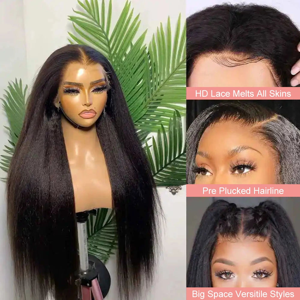 Kinky Straight Human Hair Wigs For Women 180 Density 13x4 Hd Lace Frontal Wigs Yaki Straight Glueless Lace Front Human Hair Wigs