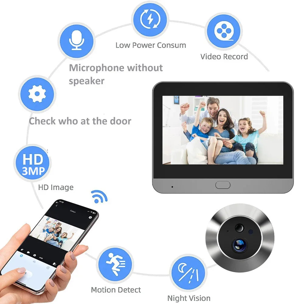 Smart 3MP Mini Digital Peephole Door Camera Wireless WiFi Infrared IR PIR Motion Detection Digital Viewer Doorbell iCam365 APP