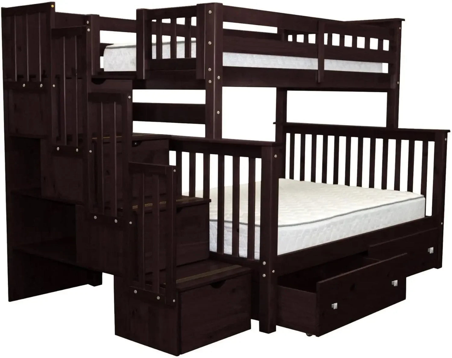 Stairway Bunk Beds Twin Over Full with 4 Drawers in The Steps and 2 Under Bed Drawers Dark Cherry No Particle Board