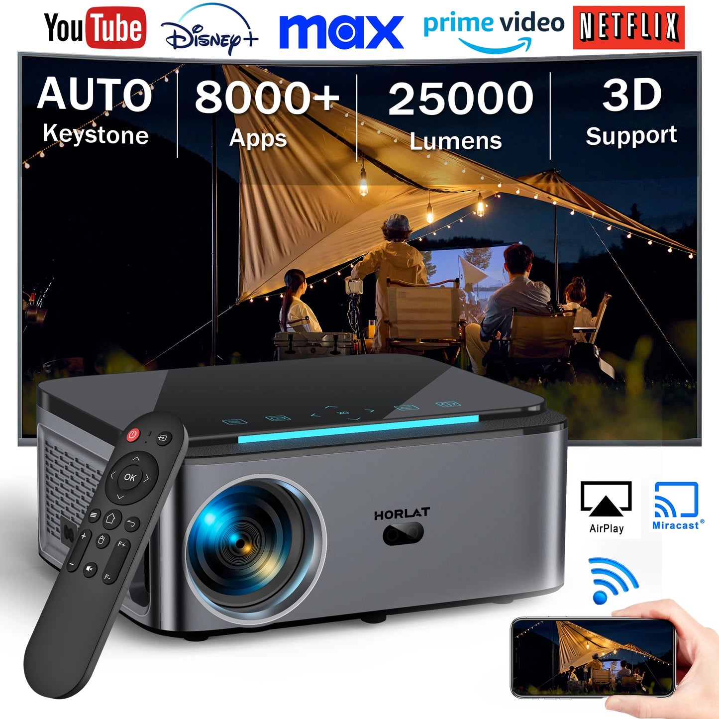 HORLAT Outdoors Android Beamer Projector Full HD 1080P 4K Video Auto Focus& Keystone Home Theater 5G WiFi Portable TV Proyector