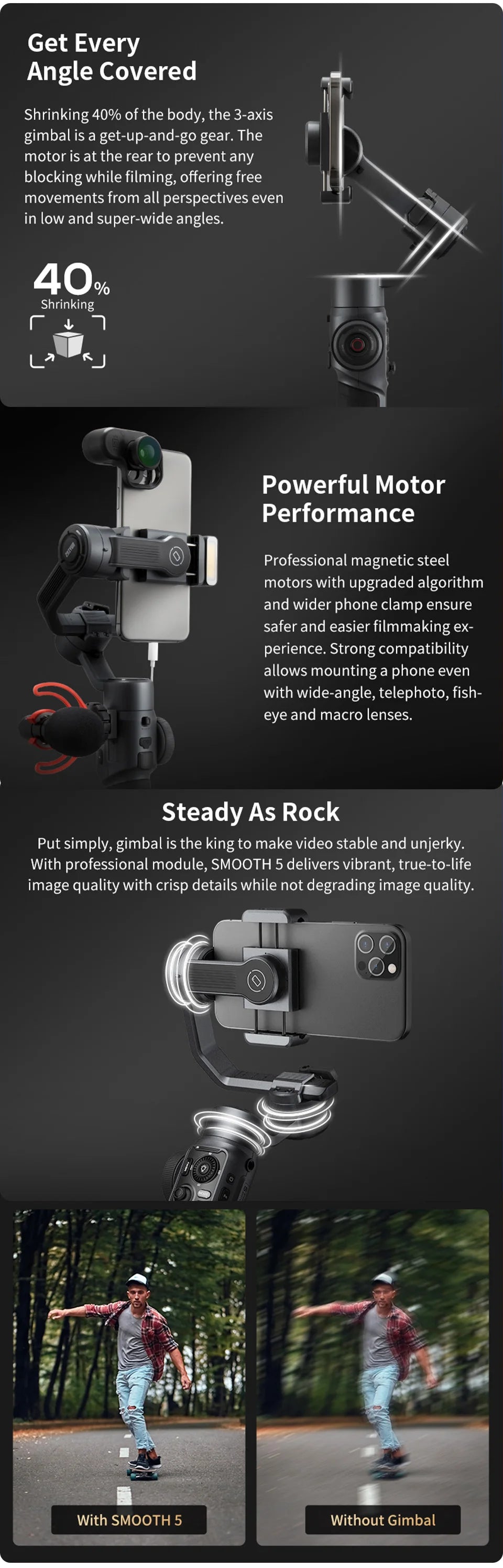 ZHIYUN Smooth 5 Gimbal Phone Handheld Stabilizer 3-Axis Portable Smartphone for iPhone 15 / Huawei / Xiaomi