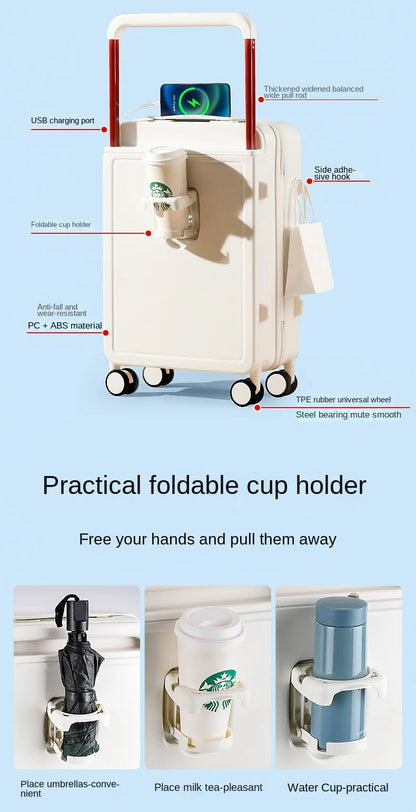 New Design Wide Handle Travel Suitcase Carry-On Luggage Trolley Case With Cup Holder USB Charging 20 Inch Cabin Rolling luggage