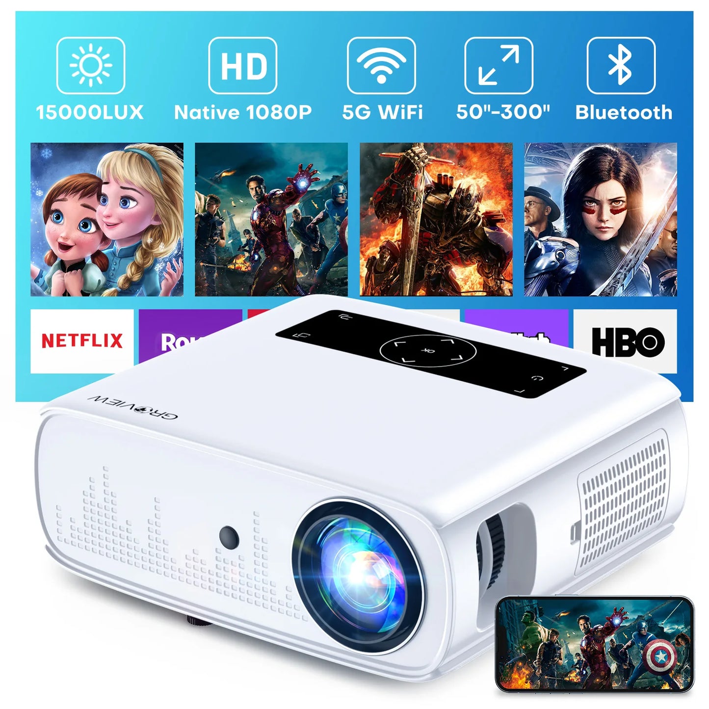 GROVIEW 1080P Projector, 15000 Lux, 490 ANSI, WiFi/Bluetooth, 300'' Screen, 4K Support, Zoom, 5G Sync, HDMI/USB/AV/Smartphone