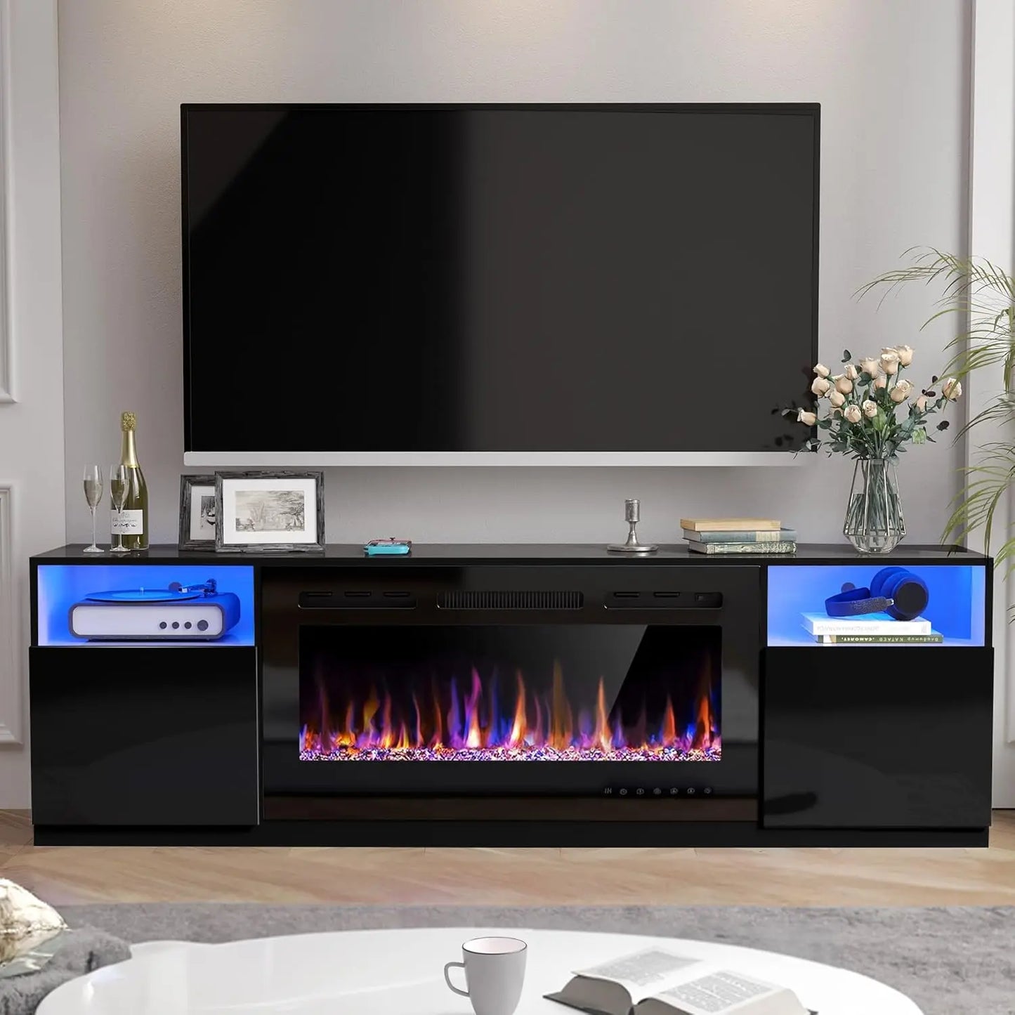 70" Fireplace TV Stand for TVs Up to 80" with 36" Electric Fireplace TV Console for The Living Room LED Light Entertainment