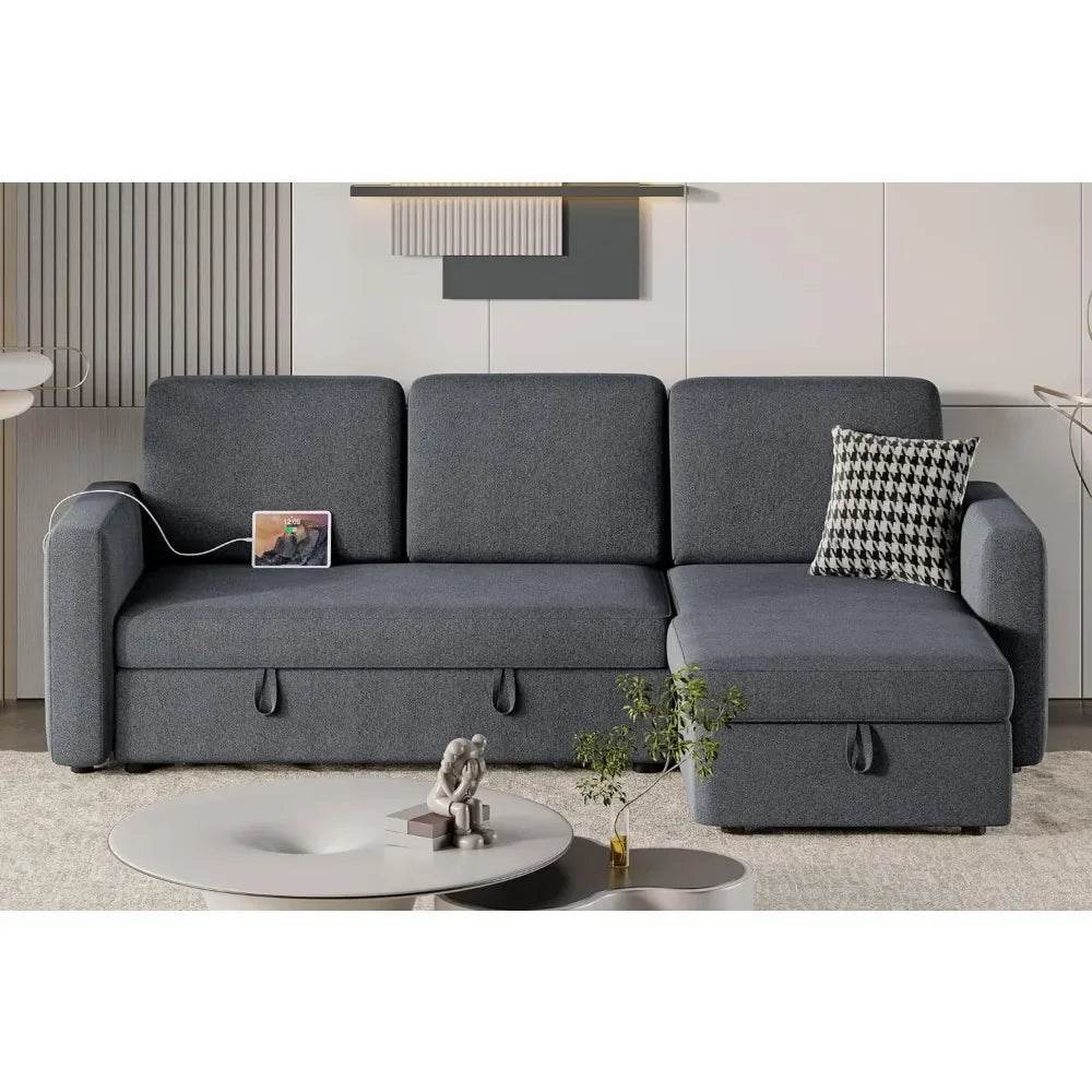 Sectional Sofa L-Shaped Sofa Couch Bed w/Chaise & USB, Reversible Couch Sleeper w/Pull Out Bed & Storage Space, 4-seat Fabric - MarvelouStoree