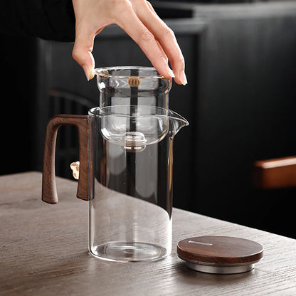 520ML/720ML Glass Teapot Water Separation Inner Container One Click Magnetic Switch Tea Filtration Tea Pot Wood Handle Cup Set