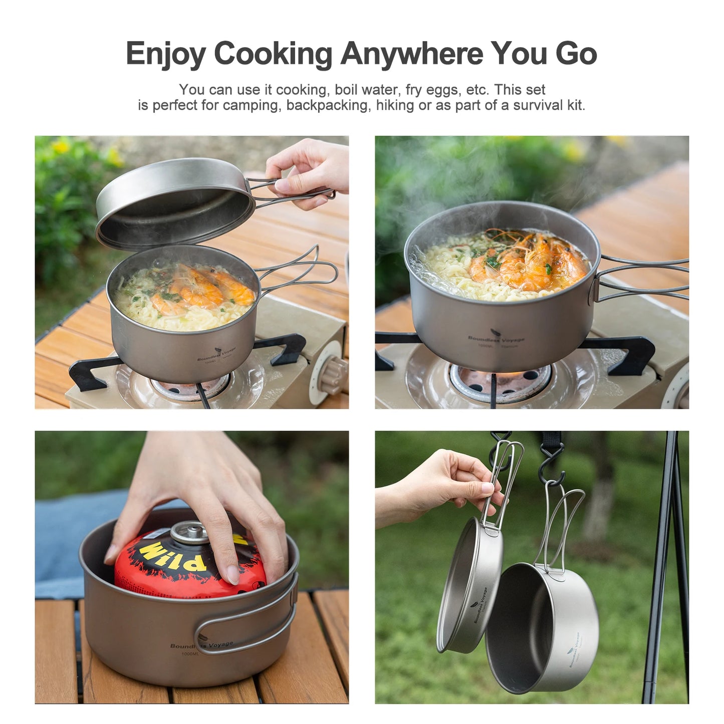 Boundless Voyage Titanium Pot Pan Set with Folding Handles Camping Cookware Hiking Outdoor Tableware