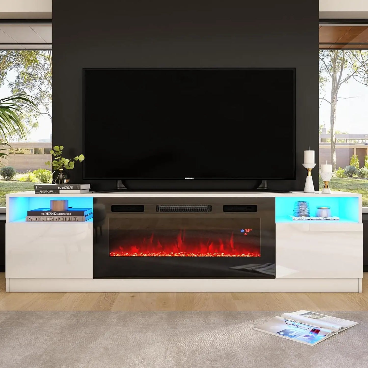 TV Stand with Fireplace, LED Light Entertainment Center 36" 70" Modern Wood Highlight Storage Cabinet for TVs up to 80", White