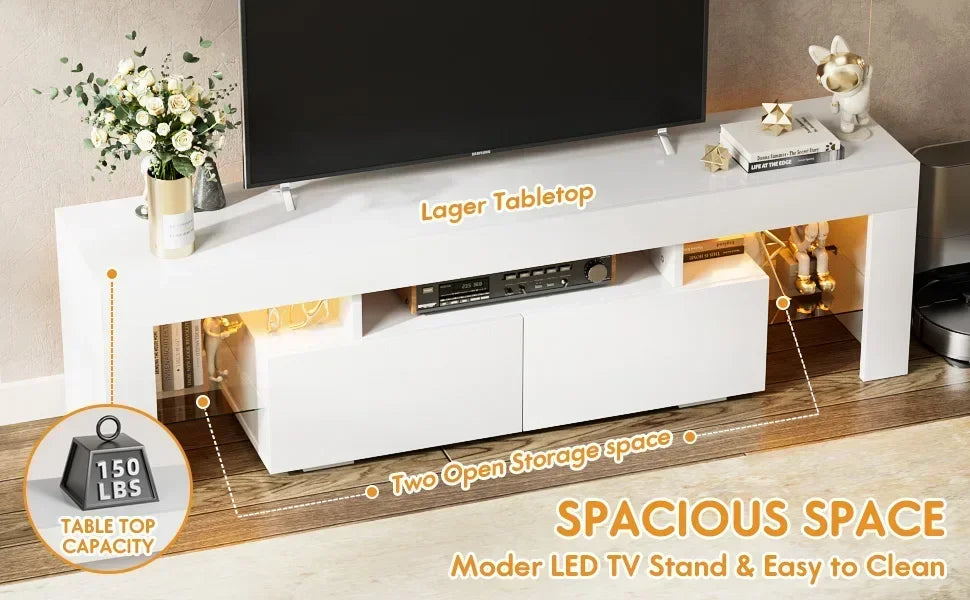 Modern LED TV Stand for Televisions up to 70 Inch with Glass Shelves and Drawer, Gaming Entertainment Center with Multiple