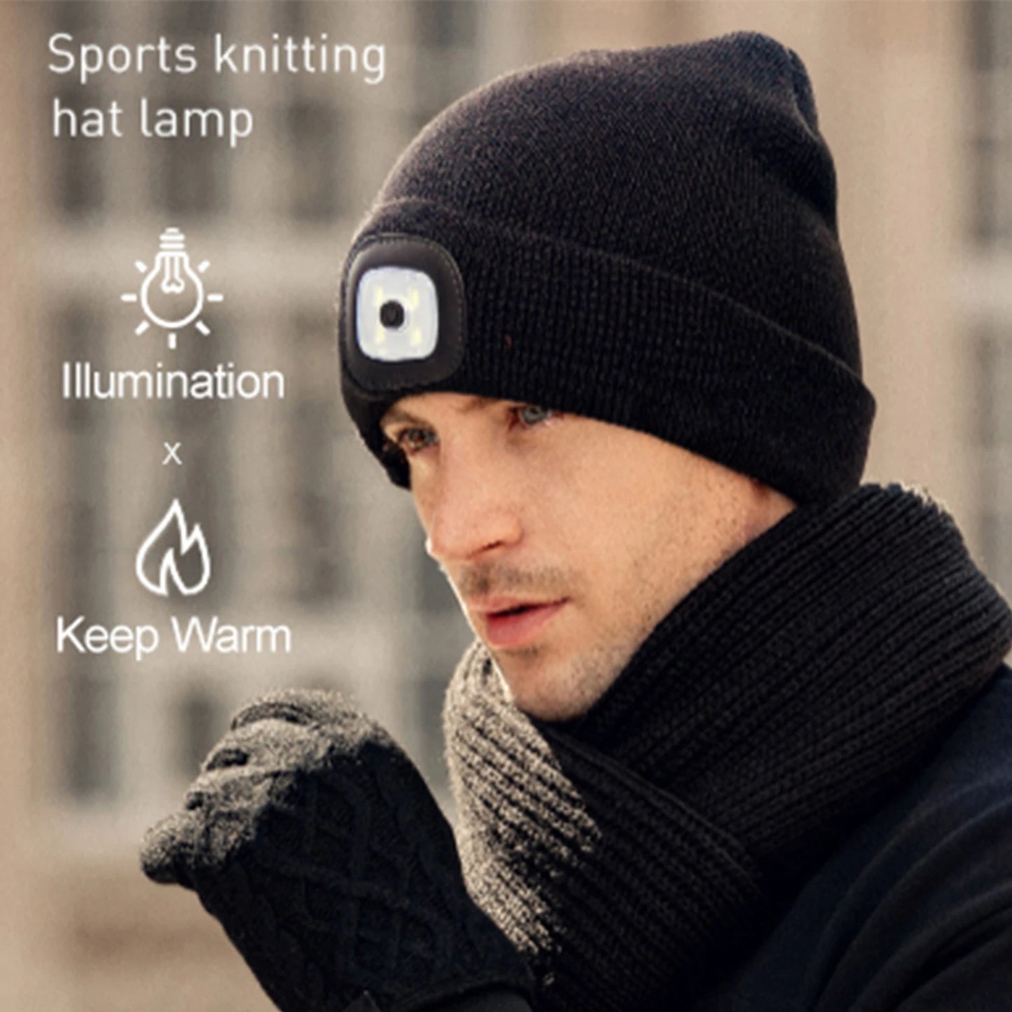 LED Beanie Hat with Light,USB Rechargeable Hands Free 4 LED Knitted Headlamp Cap