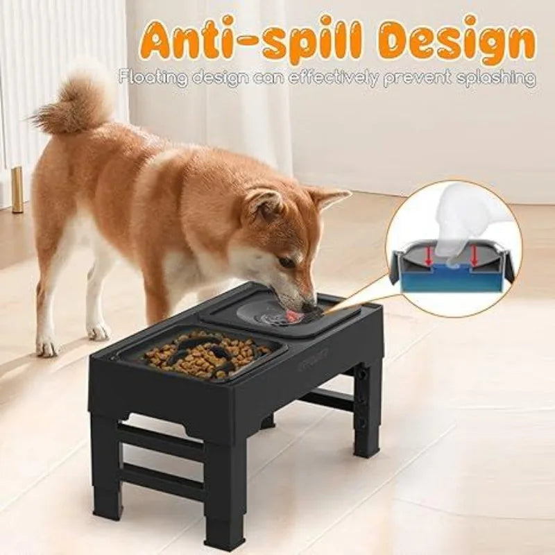 2-in-1 Elevated Slow Feeder Dog Bowls with No Spill 4 Height Adjustable Raised Non-Slip Food and Water Bowls with Stand