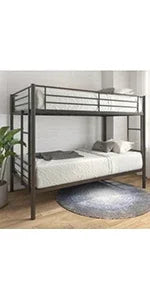 Twin Over Twin Metal Bunk Bed with Trundle Heavy Duty Bunk Beds Frame with 2 Side Ladders Convertible Bunkbed with Safe