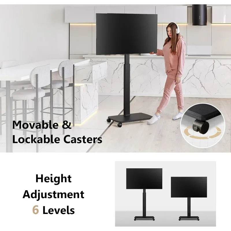 Rolling TV Floor Stand for 32 to 65 70 Inch TVs, Portable Mobile TV Cart on Wheels, Black Tall TV Stand with Swivel Mount - MarvelouStoree