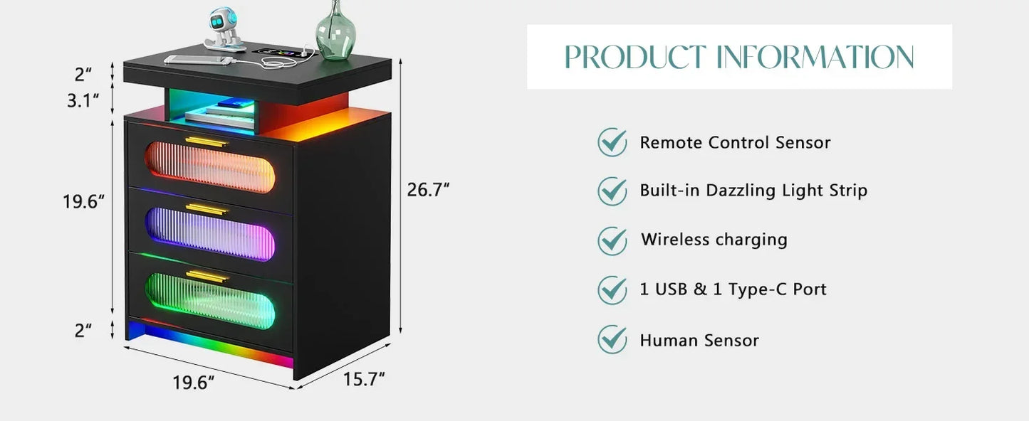 Nightstand Set of 2, Wireless Charging with LED Lights, 3 Drawers Night Stands, Bedside End Table with Smart Sensor,
