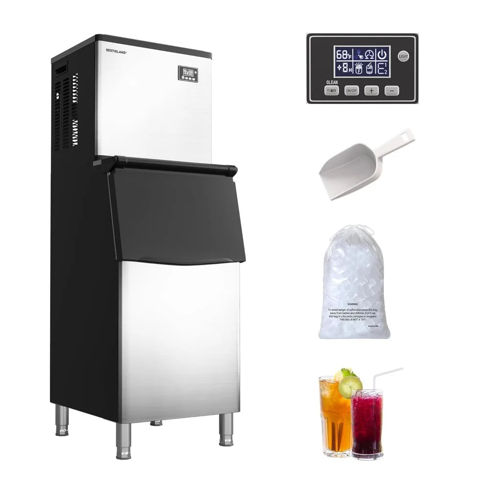 Commercial Ice Maker Machine,Stainless Steel,Automatic Cleaning,Blue Ray,Perfect for Bar or Business,includes Ice Shovel, Hose