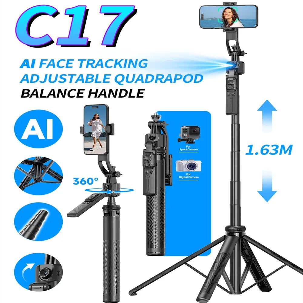 Selfie stick Tripod gimbal for Cell Phone 360°Auto-Rotation AI Tracking Stabilizer Shooting Quadrapod with Optional Fill Light