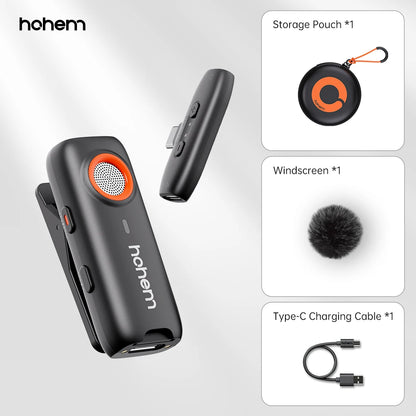 Hohem MIC-01 wireless Lavalier Microphone, Noise Canceling Recording, 20 hours battery life, for iPhone, Android, Live Streaming