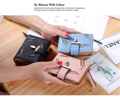 Fashion Women's Purse Short Zipper Wallet Women Leather 2024 Luxury Brand Small Women Wallets Clutch Bag With Hollow Out Leaves