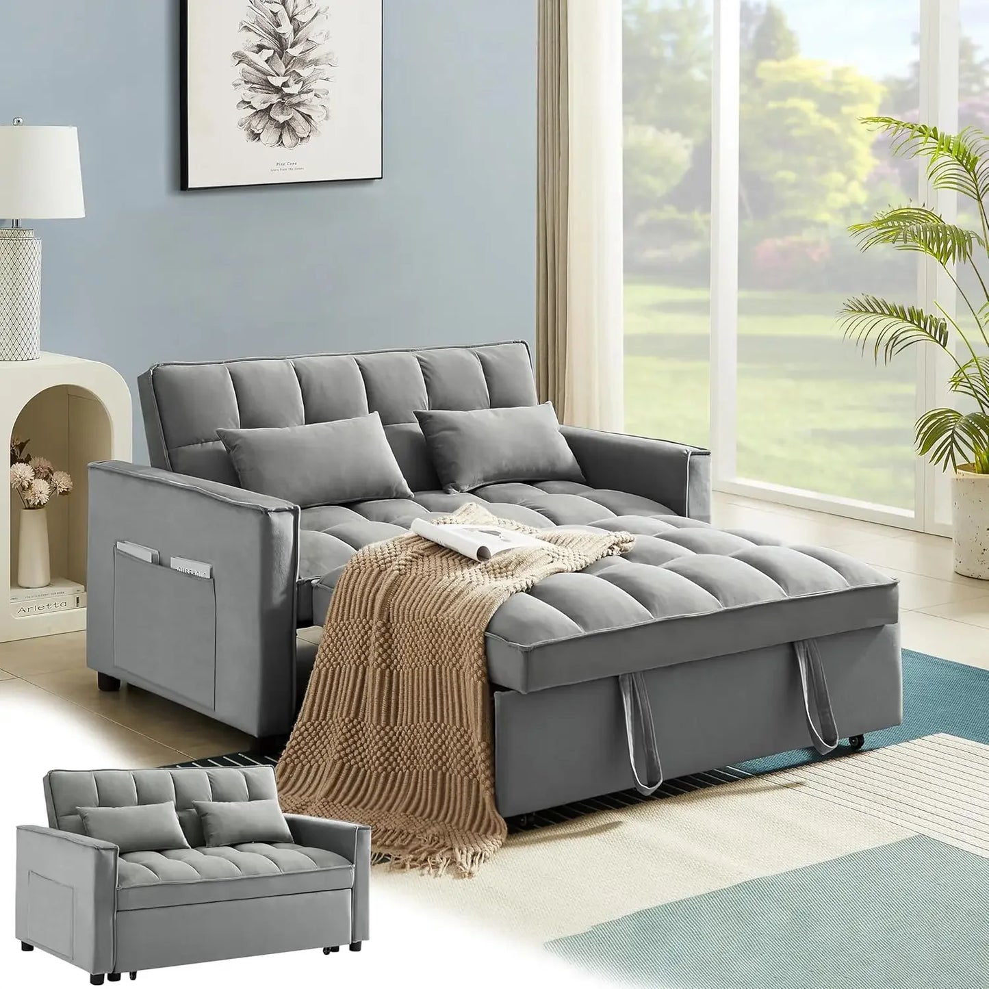 3 in 1 Pull Out Convertible Sofa Bed with USB Ports - 55" Modern Velvet Sleeper Sofa with 3 Level Adjustable Backrest, Loveseat